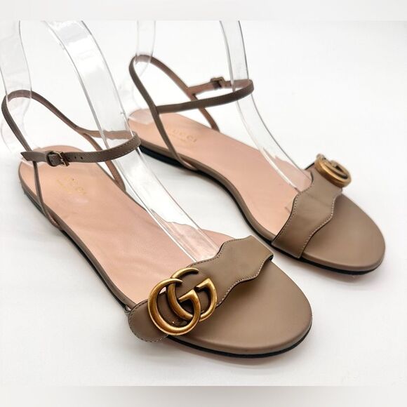 Gucci GG Leather Marmont Ankle Buckle Sandals Scalloped Mud Flat Heel EU37 US7 - Picture 9 of 13